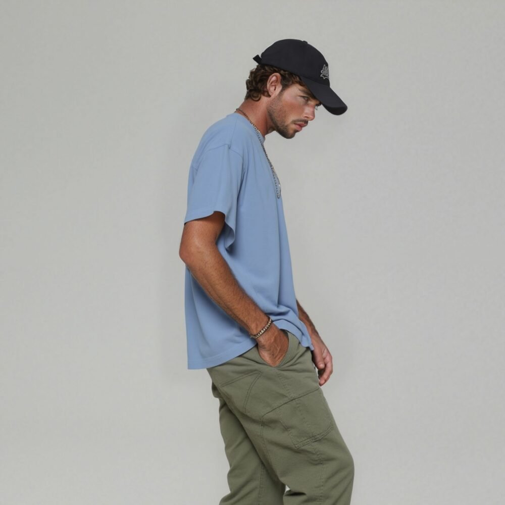 Cyan Blue Color Drop Shoulder T-Shirt for Men